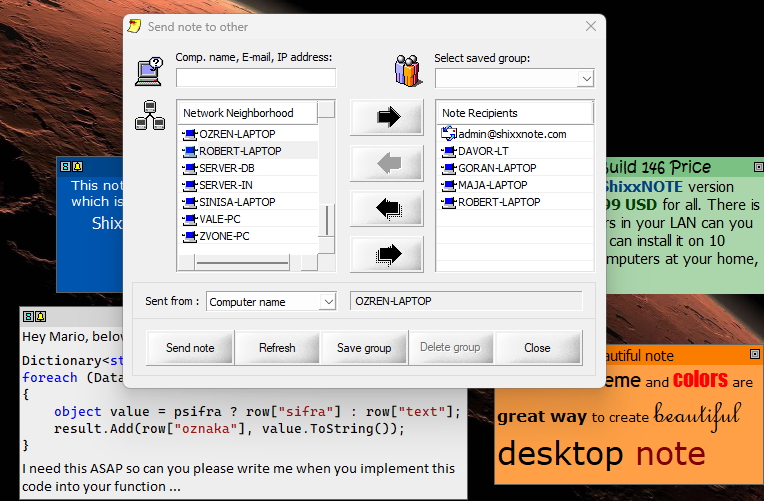 ShixxNOTE program "Send note to other" dialog