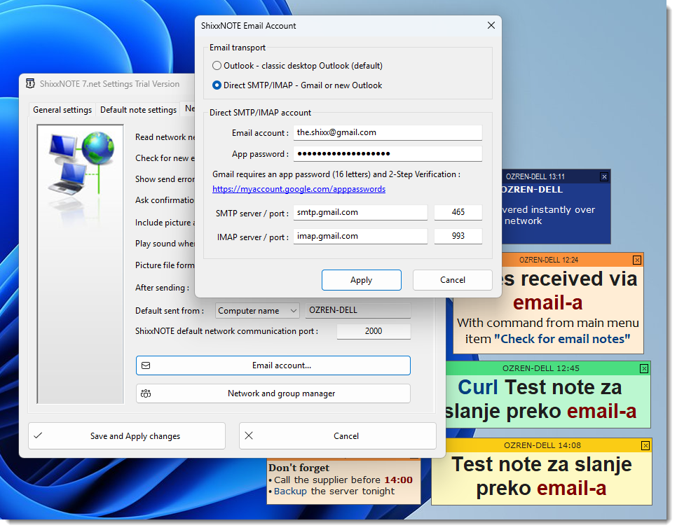 ShixxNOTE Email Account dialog for sending email notes via Gmail SMTP and IMAP without Outlook