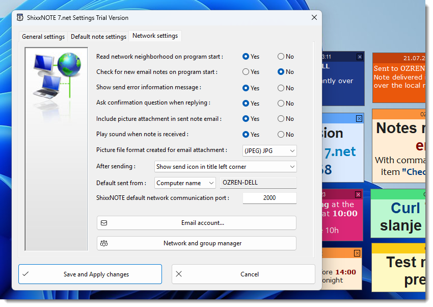 ShixxNOTE Network Settings dialog showing default communication port 2000