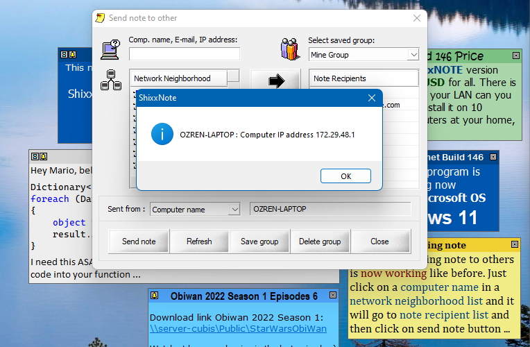 ShixxNOTE program "Send note to other"