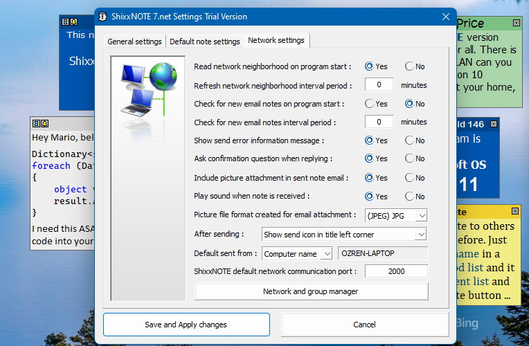 "Network" settings dialog called from main program menu"