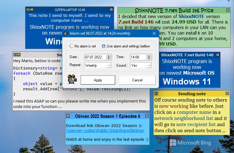 Alarm dialog set on one desktop note