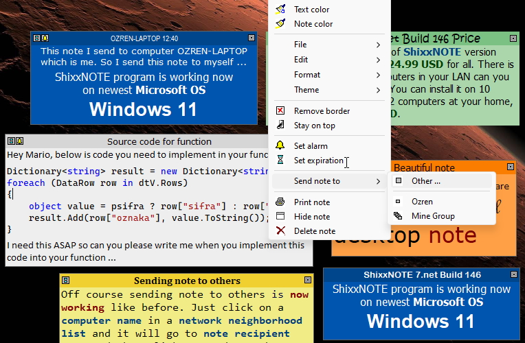 Note menu "Send note to other" dialog