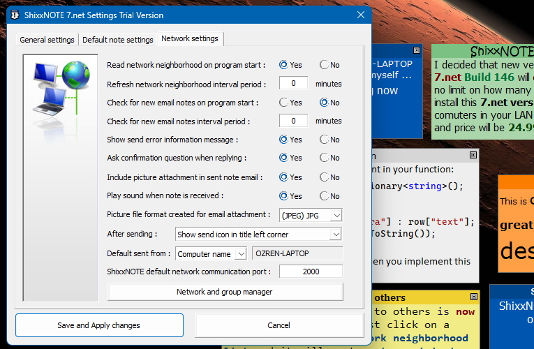 ShixxNOTE program "Network settings" dialog