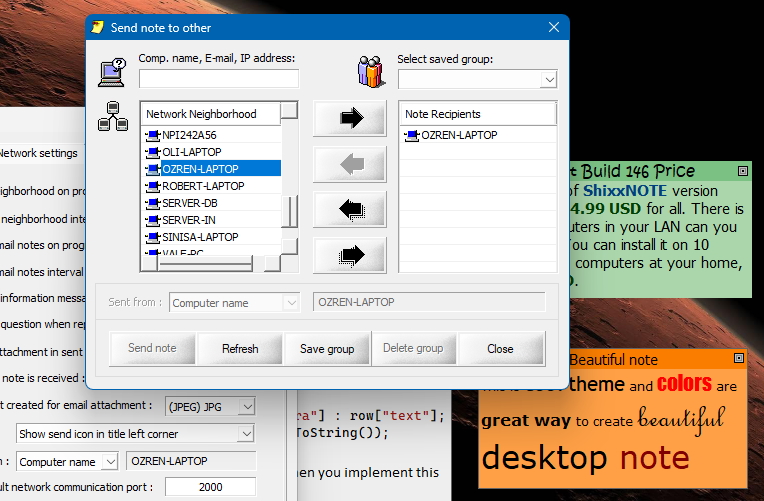 ShixxNOTE program "Send note to other" dialog