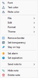 ShixxNOTE note right-click menu with colour icons for font, themes, alarms and sending