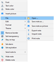 ShixxNOTE note menu with Insert picture and File submenu (Open, Save note as, Save note as picture, Export note, Import note, Print note)