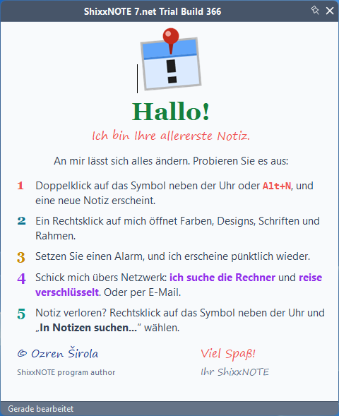 ShixxNOTE welcome note shown in German on the first start