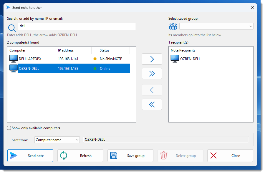 ShixxNOTE Send note to other dialog with the search box, the Status column with coloured dots and the IP address column