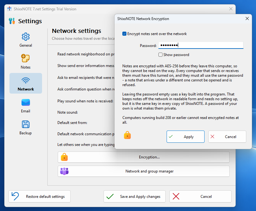 ShixxNOTE Encryption window with encryption switched on and a password set
