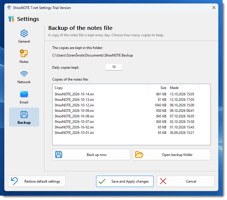ShixxNOTE Settings Backup page listing the daily copies of the notes file