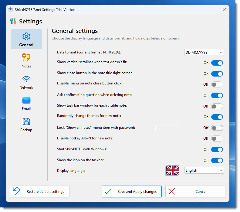 ShixxNOTE Settings window rebuilt in the Windows 11 style, with its pages listed down the left side