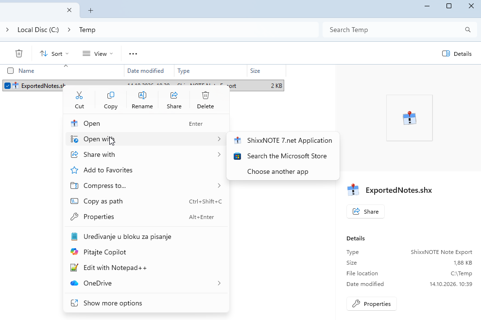 A ShixxNOTE .shx note file in Windows Explorer and the question asking whether to create the notes it holds on the desktop