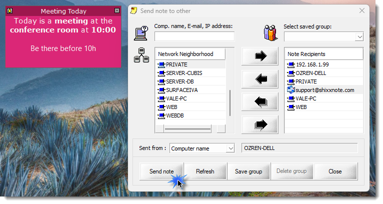 ShixxNOTE Send note to Other dialog
