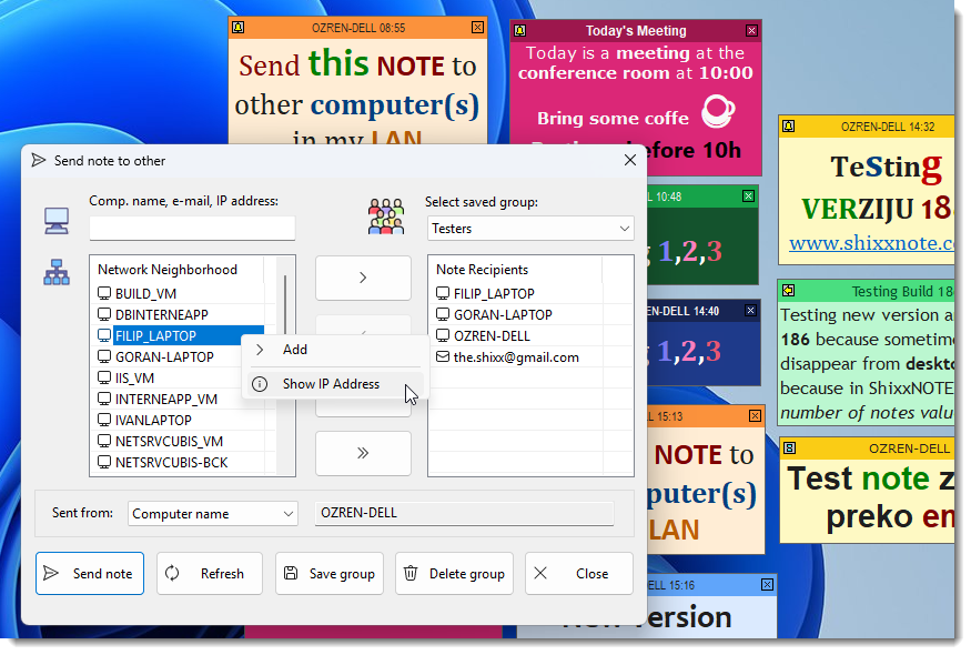 Send Notes to Others Dialog